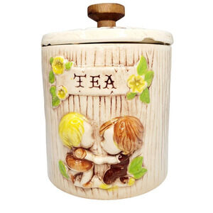 Vintage Treasure Craft Beige Yellow Pottery Two Children Kitchen Tea Canister‎